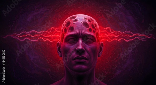 Male figure with glowing red brain and neural pulse lines