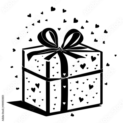 Stylized gift box with ribbon and heart shapes, creating a festive feeling