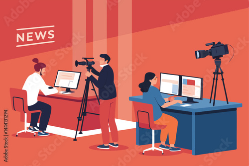 Create a vibrant vector illustration of a diverse journalism team collaborating in a bustling newsroom, showcasing computers, newspapers, and breaking news visuals.