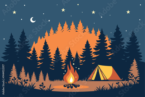 Create a detailed vector illustration of a nighttime campfire scene, embers glowing brightly, surrounded by a dense forest.  Show realistic firelight and shadows.