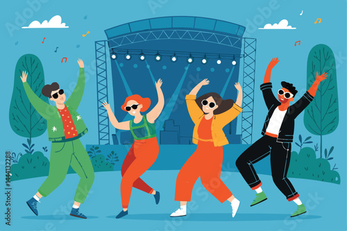 Create a vibrant vector illustration of a lively festival scene; happy diverse people joyfully dancing, showcasing vibrant costumes and a festive atmosphere.