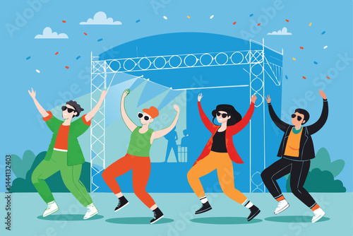 Create a vibrant vector illustration of a lively festival scene overflowing with diverse, happy people joyfully dancing to upbeat music.  Include detailed costumes and celebratory elements.