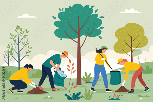 Create a vibrant vector illustration depicting a diverse group of smiling volunteers actively cleaning up a park or public space, showcasing teamwork and environmental responsibility.