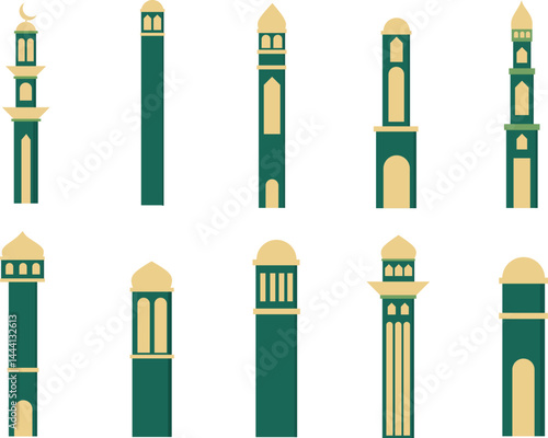 A set of mosque tower (minaret) illustrations in various architectural styles, for Islamic themes, religious education, cultural designs, and Ramadan or Eid visuals.