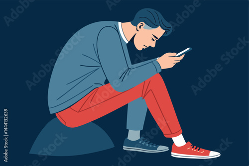 Create a vector illustration depicting a man slumped, eyes glued to his smartphone, showcasing smartphone addiction.  Depict loneliness and digital isolation.