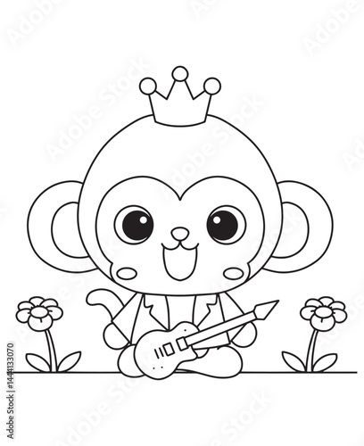 Coloring book cute monkey wearing a crown and playing an electric guitar 