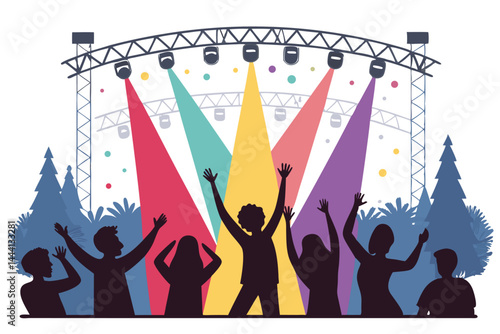 Create a vibrant vector illustration depicting diverse people joyfully cheering, waving hands, and expressing exuberant happiness.  Include varied ages and ethnicities.