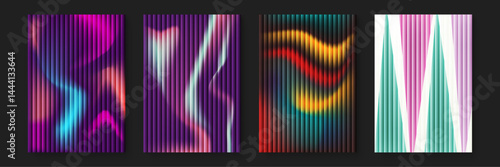 Four abstract patterns with colored stripes. Suitable for backgrounds, textiles, digital designs, and creative projects needing vibrant visuals.