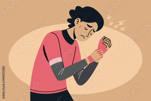 Create a vector illustration of a character, possibly cartoonish, clutching both wrists in clear distress, exhibiting intense physical pain.  Indicate emotional suffering through facial expression.