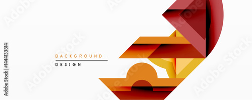 Abstract geometric design. Layered shapes create dynamic composition. Warm color palette dominates, featuring orange, red tones. Minimalist style, clean lines, modern aesthetic.