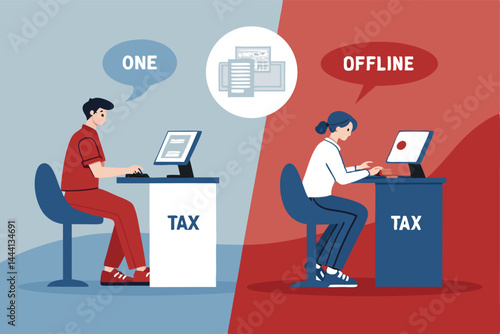 Illustrate contrasting vector icons representing online and offline tax payment methods.  Show speed, convenience, and security differences.