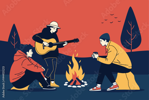 Create a vibrant vector illustration of friends joyfully playing acoustic guitars around a crackling campfire under a starry night sky.  Focus on the warm, friendly atmosphere.