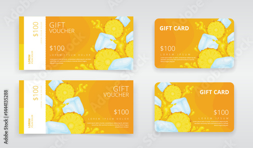 Summer themed gift voucher, regular or e-gift card templates featuring pineapple slices, ice cubes and abstract juice splashes