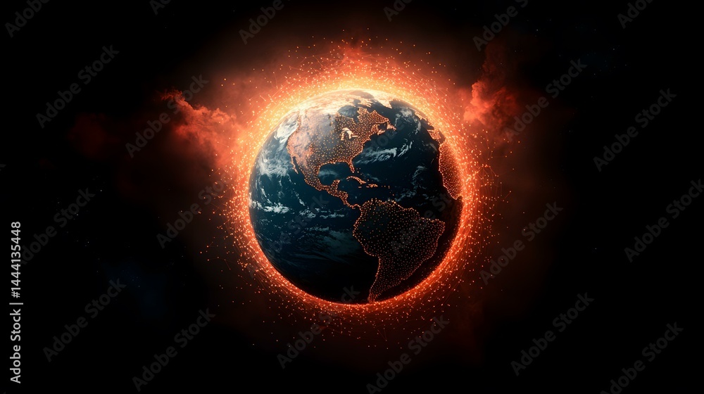 Fototapeta premium The image shows a digital rendering of planet Earth, specifically focusing on the Americas. The Earth is enveloped in a fiery, orange glow, with lines of light connecting points across the continents