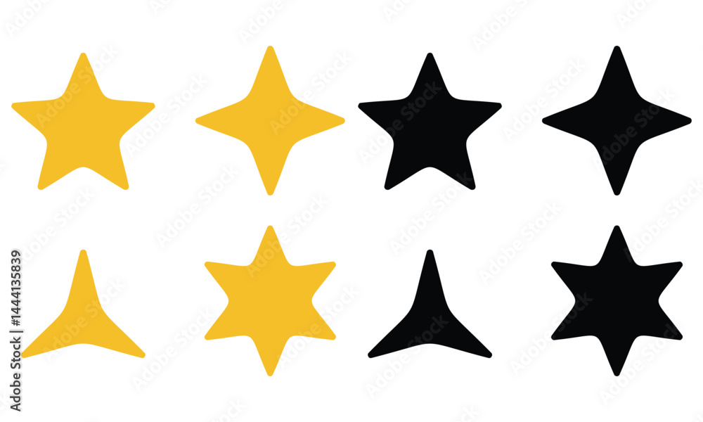 Vector gold stars icons set. Cute realistic cartoon render five, four and triangular star on white background. Glossy plastic yellow different star shapes for decoration Vector gold stars icons set. Cute realistic cartoon render five, four and triangular star on white background. Glossy plastic yellow different star shapes for decoration
