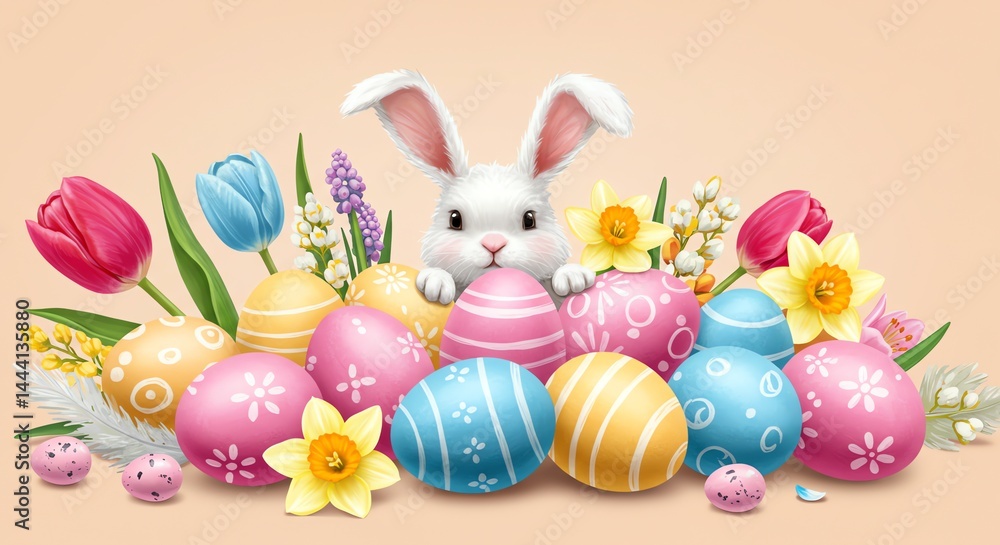 Cute Bunny with Painted Eggs and Spring Flowers Arrangement Cute Bunny with Painted Eggs and Spring Flowers Arrangement