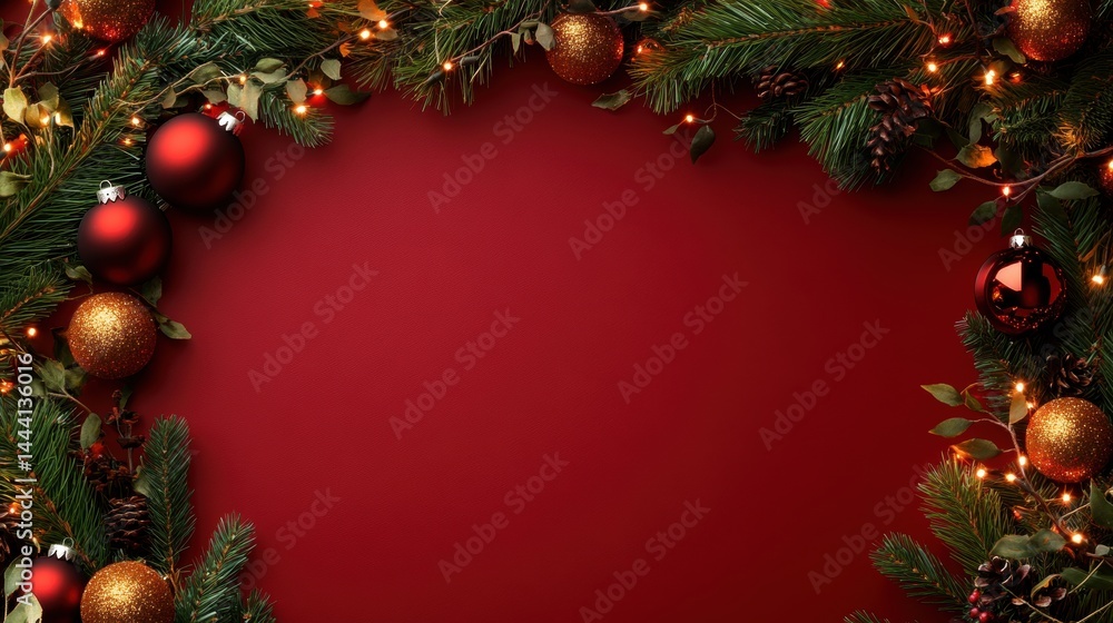 Festive Christmas border featu red and gold ornaments, pine branches, and warm fairy lights on a deep red background creating a circular frame Festive Christmas border featu red and gold ornaments, pine branches, and warm fairy lights on a deep red background creating a circular frame