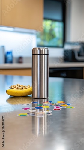Stainless steel thermos on countertop with scattered colorful stickers and a banana with nuts