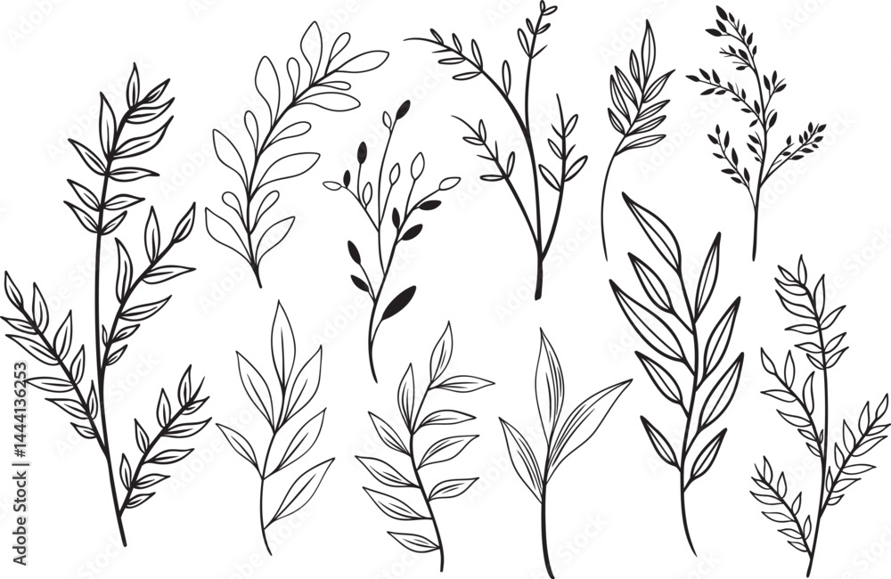 Naklejka premium Botanical Leaf Line Art Set 1 – Handdrawn Vector Foliage Clipart