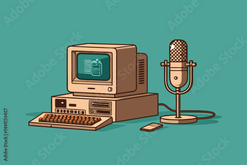 Retro podcast setup featuring a vintage computer, microphone, and pixel art;  ideal for a tech-themed podcast visual.
