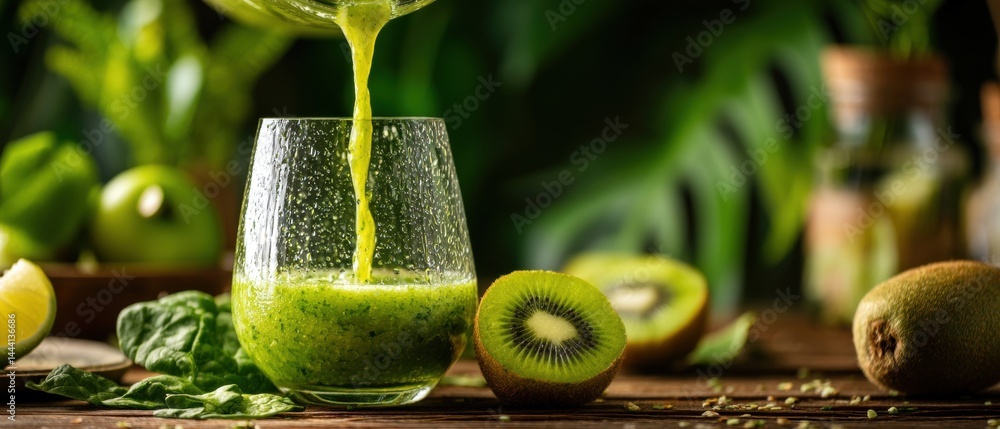 Fresh green smoothie being poured into a glass, surrounded by fruits and leafy greens in a vibrant, natural setting.