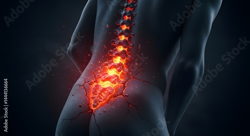 Sci-fi view of spine with glowing nerve pain in lower back