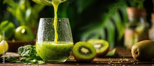 Obraz na płótnie Fresh green smoothie being poured into a glass, surrounded by fruits and leafy greens in a vibrant, natural setting. w salonie