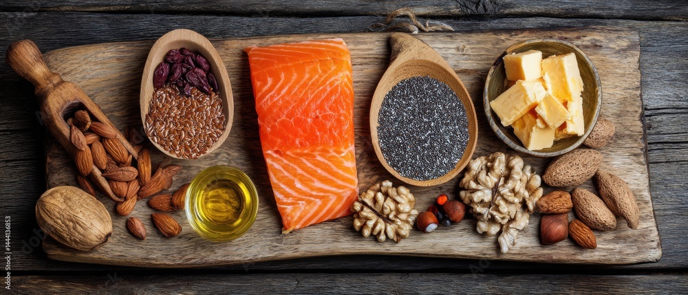 Colorful assortment of ingredients including salmon, nuts, seeds, and oils on a rustic wooden platter.