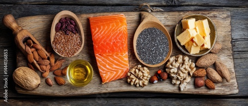 Obraz na płótnie Colorful assortment of ingredients including salmon, nuts, seeds, and oils on a rustic wooden platter. w salonie