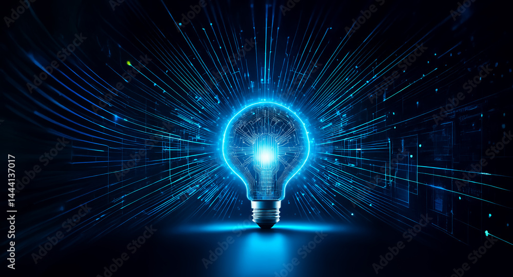A radiant blue lightbulb with a thinking brain inside, surrounded by abstract data flow and energy, symbolizing innovation and ideas. A radiant blue lightbulb with a thinking brain inside, surrounded by abstract data flow and energy, symbolizing innovation and ideas.