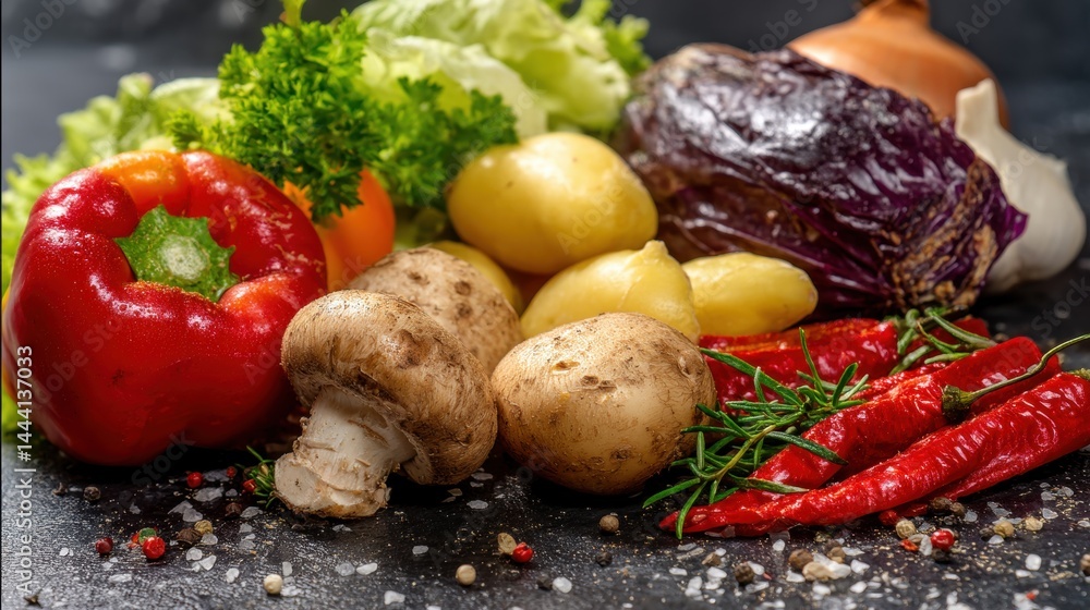 Fresh vegetables including peppers, potatoes, mushrooms, and lettuce arranged on a dark surface, showcasing vibrant colors and textures.