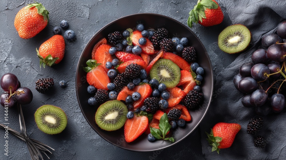 Colorful fruit medley arranged in a black bowl, featuring strawberries, blueberries, blackberries, and kiwis on a textured background.