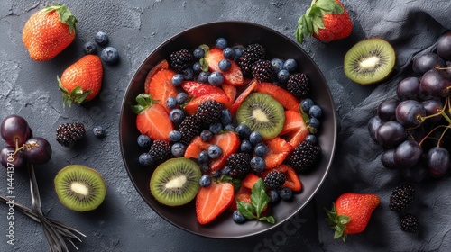 Obraz na płótnie Colorful fruit medley arranged in a black bowl, featuring strawberries, blueberries, blackberries, and kiwis on a textured background. w salonie
