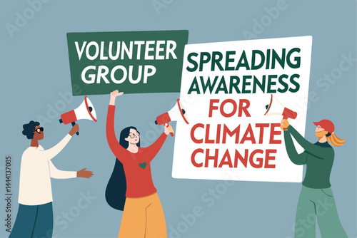 A diverse volunteer group actively participates in a climate change awareness campaign, holding signs and engaging the public.