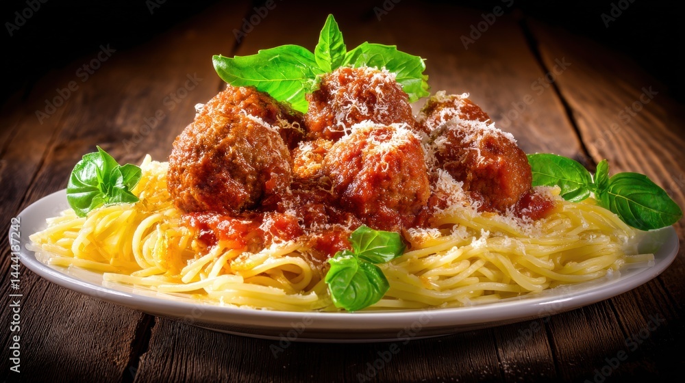 Delicious spaghetti with meatballs topped with herbs and cheese, served on a rustic wooden table.