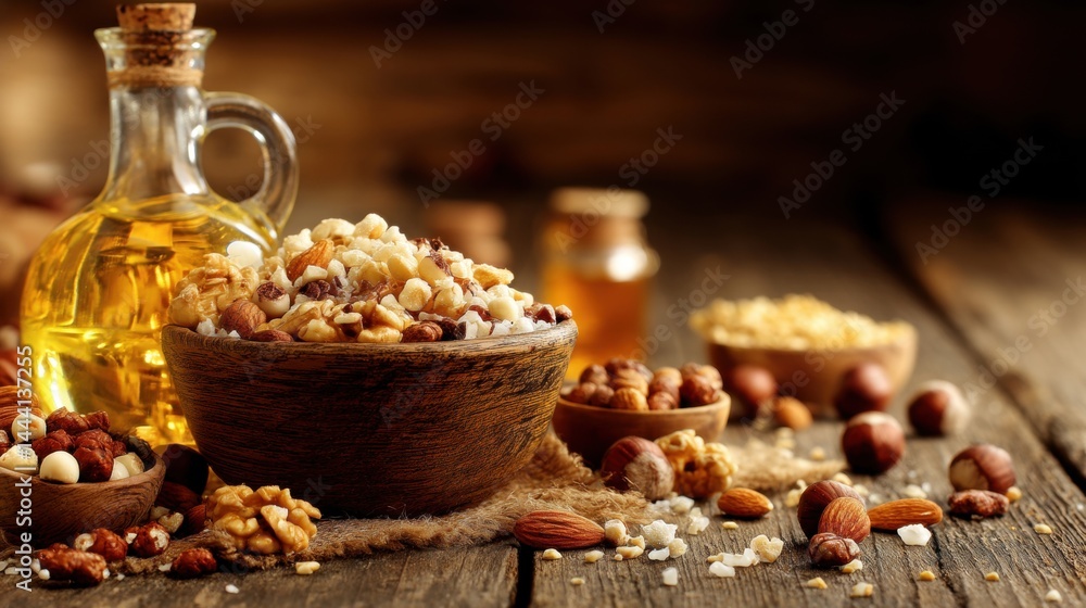 Rustic display of nuts, oil, and grains on a wooden table, exuding warmth and a cozy kitchen vibe.