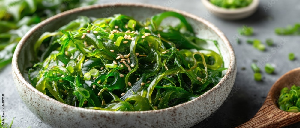 Fresh seaweed salad garnished with sesame seeds, served in a rustic bowl, perfect for healthy eating and vibrant dishes.