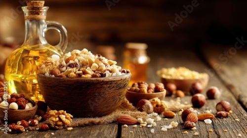 Obraz na płótnie Rustic display of nuts, oil, and grains on a wooden table, exuding warmth and a cozy kitchen vibe. w salonie
