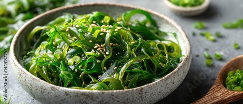 Obraz na płótnie Fresh seaweed salad garnished with sesame seeds, served in a rustic bowl, perfect for healthy eating and vibrant dishes. w salonie