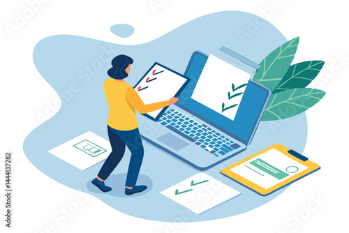 Create a vector illustration depicting a person meticulously filling out tax forms, showcasing stress and focus; include relevant tax-related imagery.