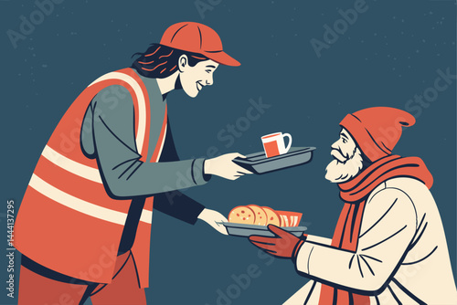 A volunteer gently offers a meal to a homeless person sitting on the ground, emphasizing compassion and community support in a flat, direct composition.