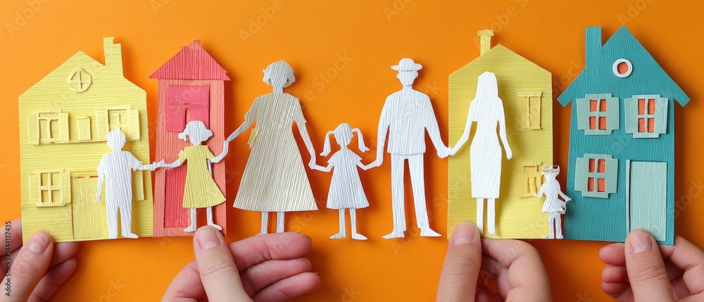 Crafted paper figures of a family holding hands in front of colorful houses on an orange background.