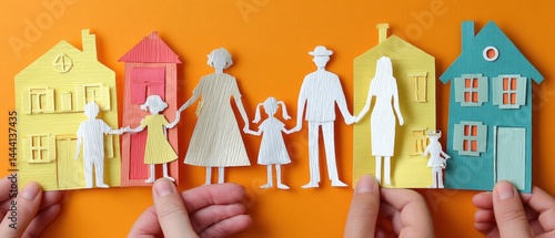 Obraz na płótnie Crafted paper figures of a family holding hands in front of colorful houses on an orange background. w salonie