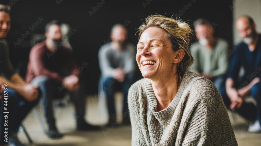 A joyful woman laughs in a group setting, radiating happiness amidst a supportive atmosphere.