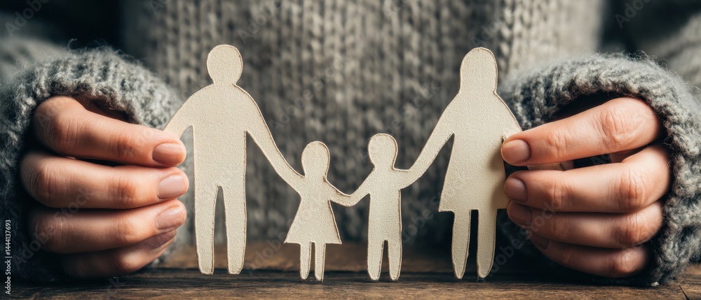 Hands holding cut-out figures of a family, symbolizing love and togetherness, set against a cozy, knitted background.