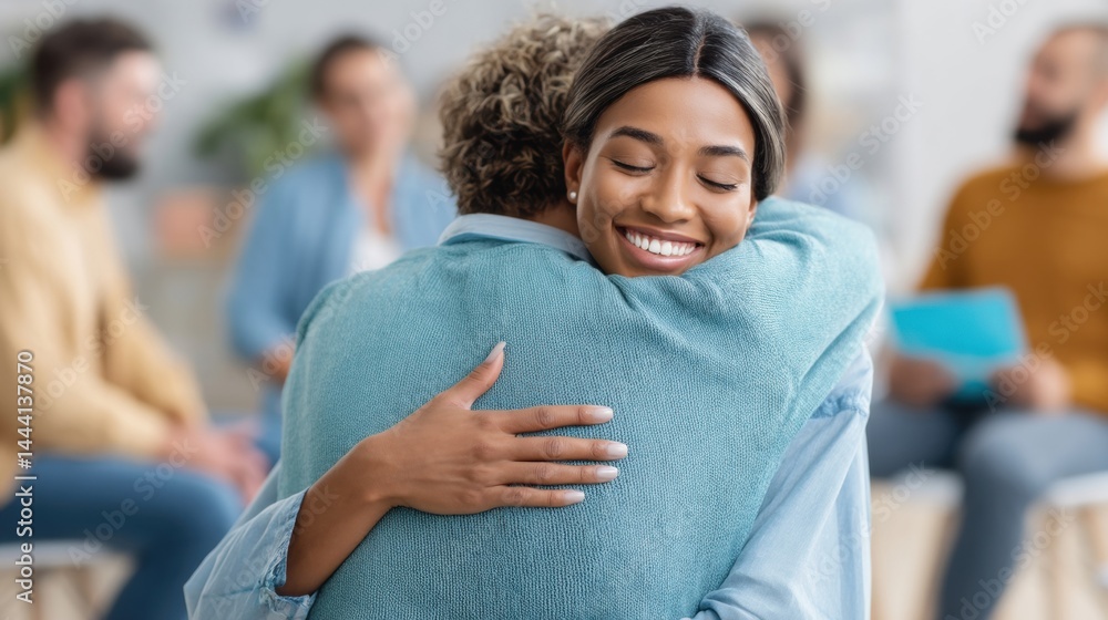 Two people embrace warmly, conveying a sense of connection and support in a friendly environment.