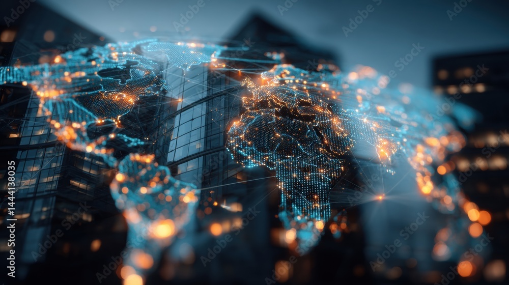Cityscape with a digital world map overlay, showcasing connectivity and modern technology in an urban setting.
