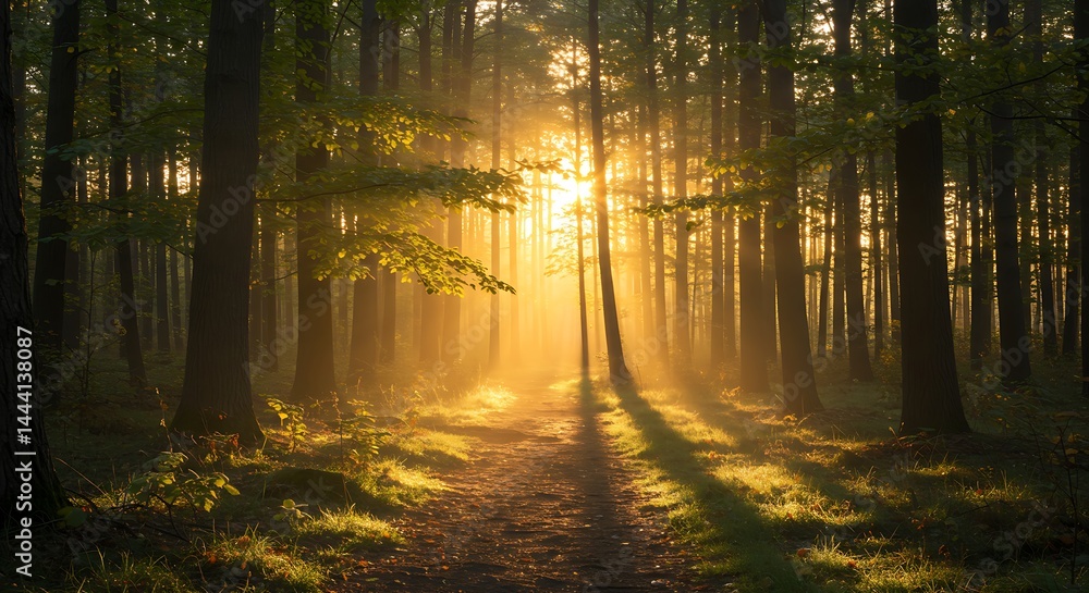 Fototapeta premium A peaceful forest at sunrise with golden light filtering through the trees