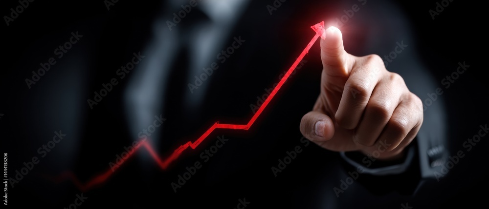A business professional points to a rising graph, symbolizing growth and success in a dark setting.