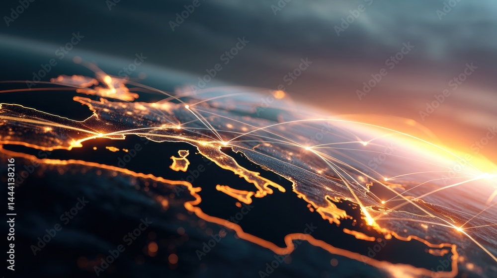 Digital representation of global connectivity with illuminated lines across a dark landscape, depicting networks and technology.